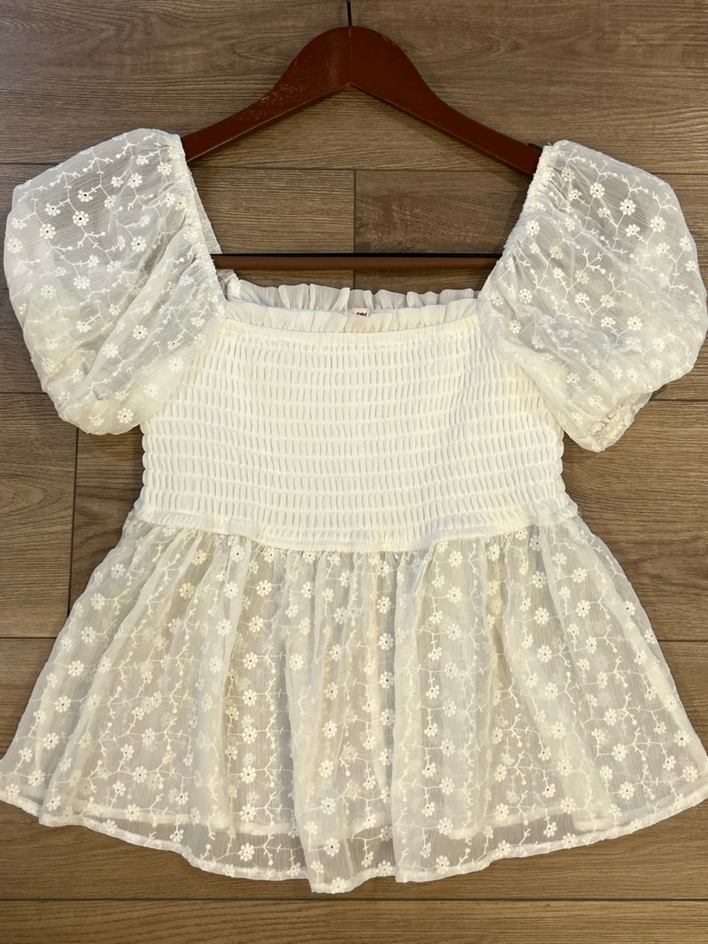 Mi Ami White Smocked Puff Sleeve Babydoll Cottagecore Top M